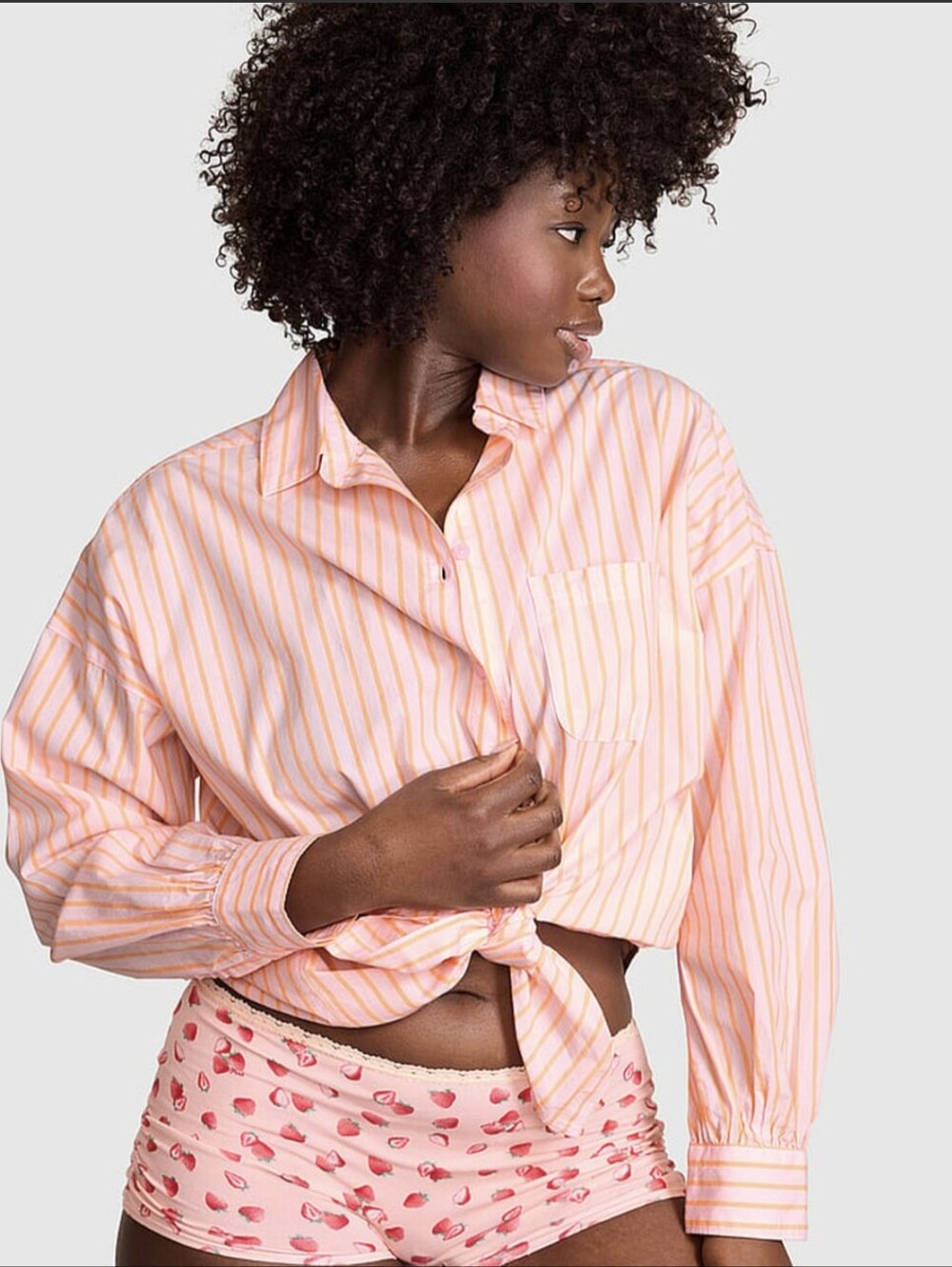VS PINK Victoria's Secret Peach and White Striped Button-Up Shirt